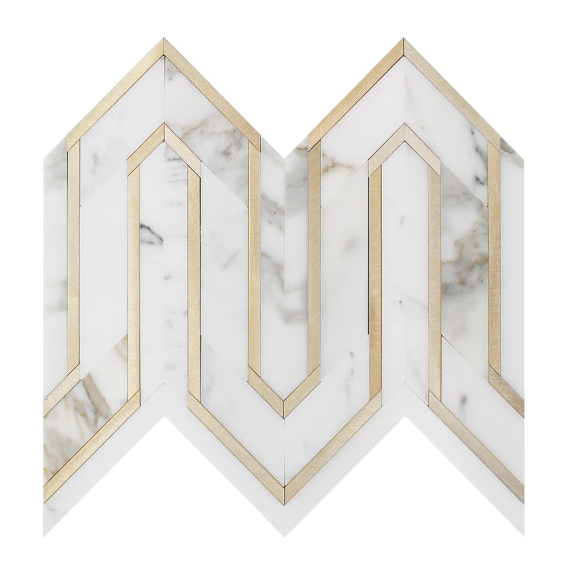 Arrows-Calacatta Gold with Gold Metal Accents 12-in x 9-in Polished Waterjet Mosaic Wall Tile( 3.55 sq. ft. /Box )