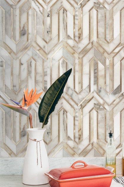 Arrows-Calacatta Gold with Gold Metal Accents 12-in x 9-in Polished Waterjet Mosaic Wall Tile( 3.55 sq. ft. /Box )