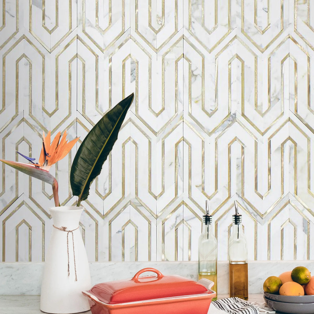 Arrows-Calacatta Gold with Gold Metal Accents 12-in x 9-in Polished Waterjet Mosaic Wall Tile( 3.55 sq. ft. /Box )