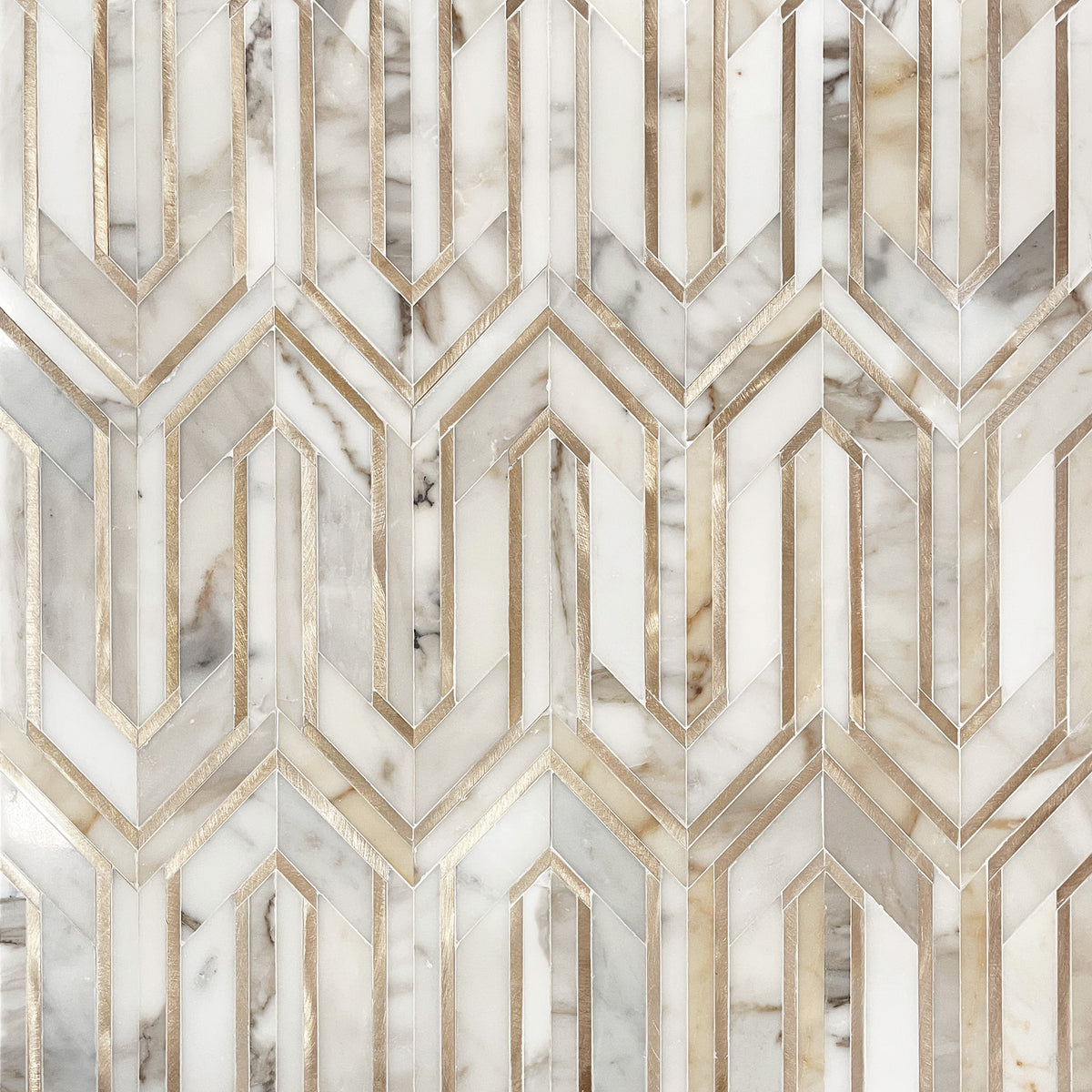 Arrows-Calacatta Gold with Gold Metal Accents 12-in x 9-in Polished Waterjet Mosaic Wall Tile( 3.55 sq. ft. /Box )