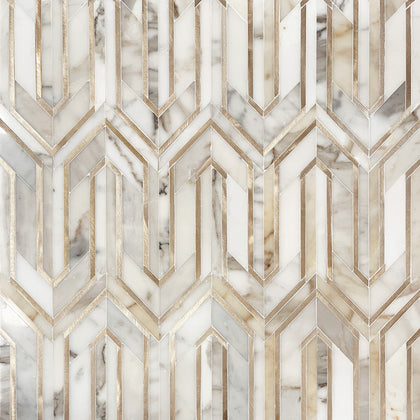 Arrows-Calacatta Gold with Gold Metal Accents 12-in x 9-in Polished Waterjet Mosaic Wall Tile( 3.55 sq. ft. /Box )