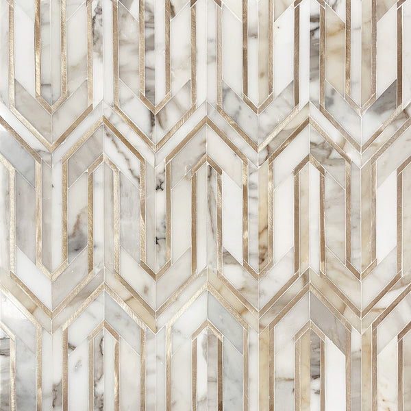 Arrows-Calacatta Gold with Gold Metal Accents 12-in x 9-in Polished Waterjet Mosaic Wall Tile( 3.55 sq. ft. /Box )