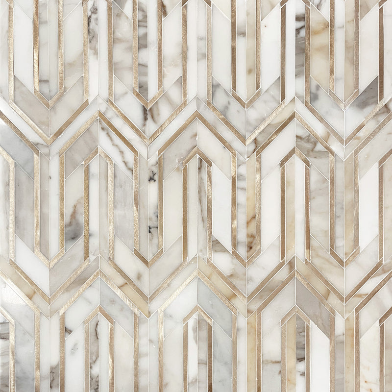 Arrows-Calacatta Gold with Gold Metal Accents 12-in x 9-in Polished Waterjet Mosaic Wall Tile( 3.55 sq. ft. /Box )