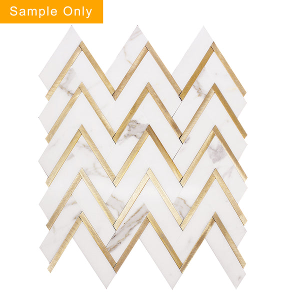 Zigzag Calacatta White with Gold Metal Waterjet Mosaic Wall Tile - Sample (Product Shown is Full Size)