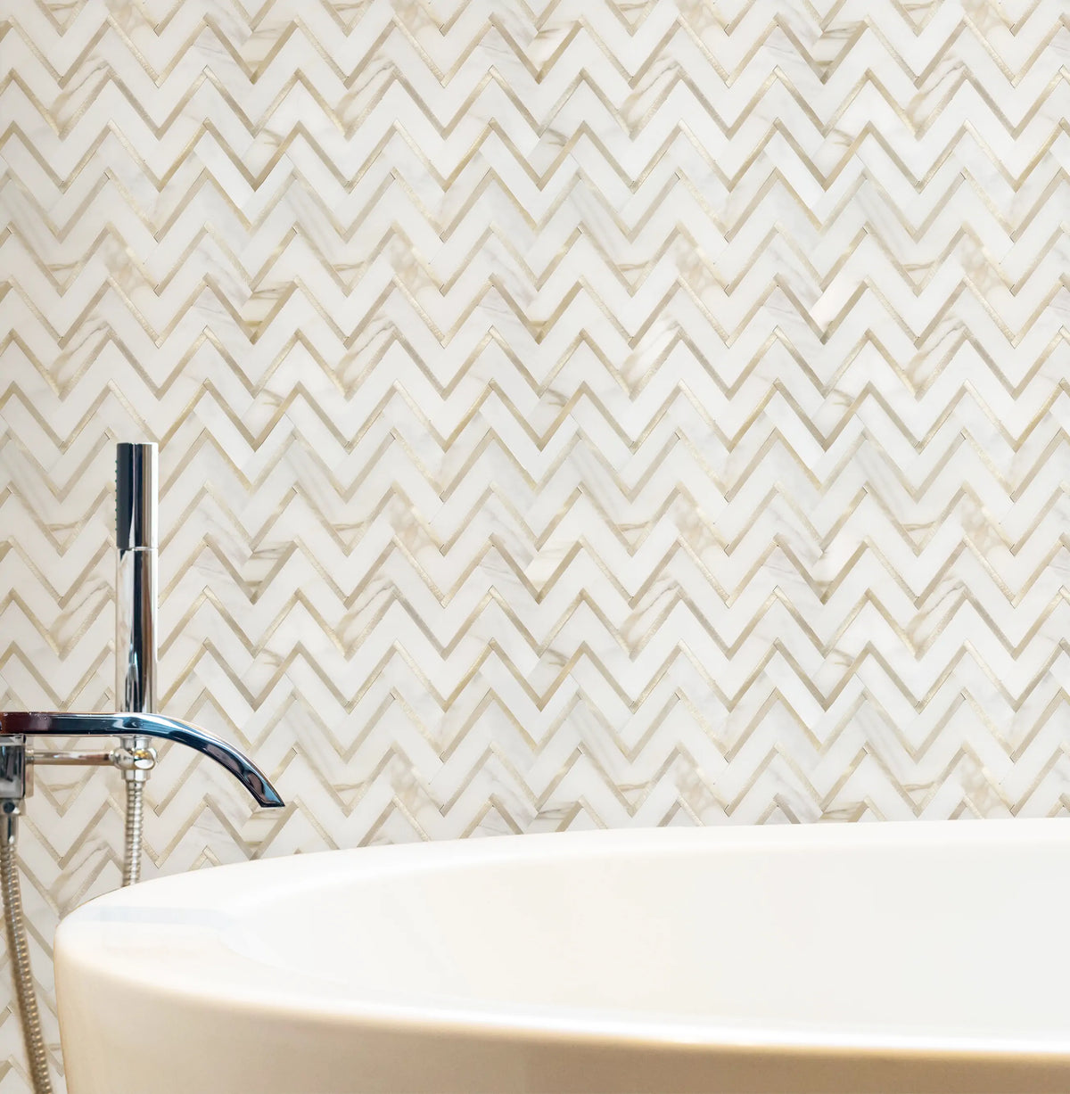 Zigzag Calacatta White with Gold Metal 13-in x 11-in Waterjet Mosaic Wall Tile ( 5 sq. ft. /Box )