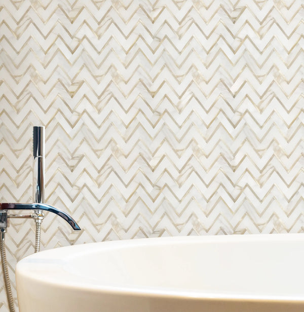 Zigzag Calacatta White with Gold Metal 13-in x 11-in Waterjet Mosaic Wall Tile ( 5 sq. ft. /Box )