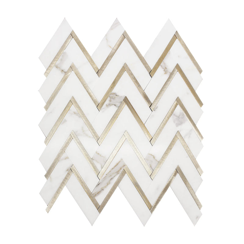 Zigzag Calacatta White with Gold Metal 13-in x 11-in Waterjet Mosaic Wall Tile ( 5 sq. ft. /Box )