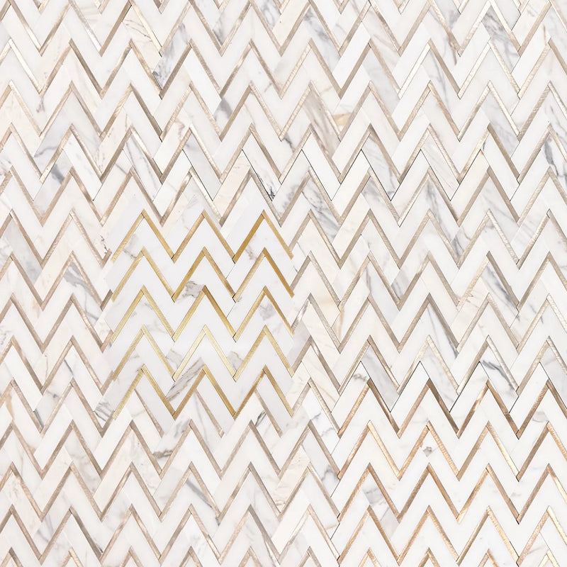 Zigzag Calacatta White with Gold Metal 13-in x 11-in Waterjet Mosaic Wall Tile ( 4.97 sq. ft. /Box )