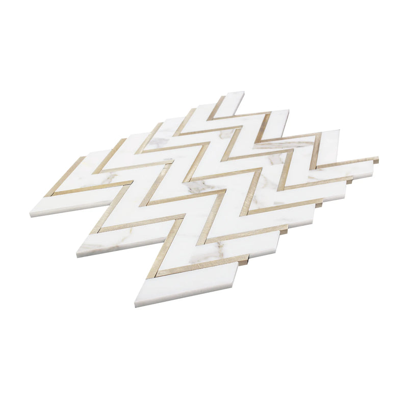 Zigzag Calacatta White with Gold Metal 13-in x 11-in Waterjet Mosaic Wall Tile ( 4.97 sq. ft. /Box )