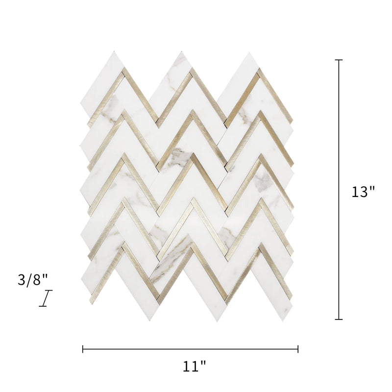 Zigzag Calacatta White with Gold Metal 13-in x 11-in Waterjet Mosaic Wall Tile ( 4.97 sq. ft. /Box )