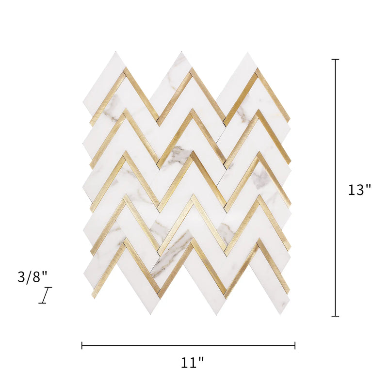 Zigzag Calacatta White with Gold Metal 13-in x 11-in Waterjet Mosaic Wall Tile ( 5 sq. ft. /Box )