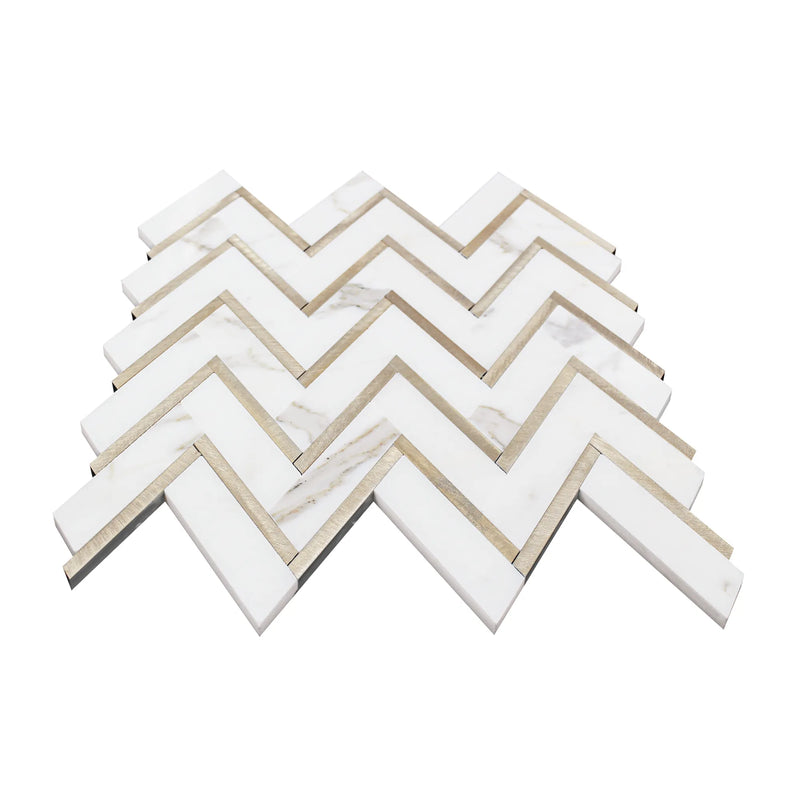 Zigzag Calacatta White with Gold Metal 13-in x 11-in Waterjet Mosaic Wall Tile ( 4.97 sq. ft. /Box )