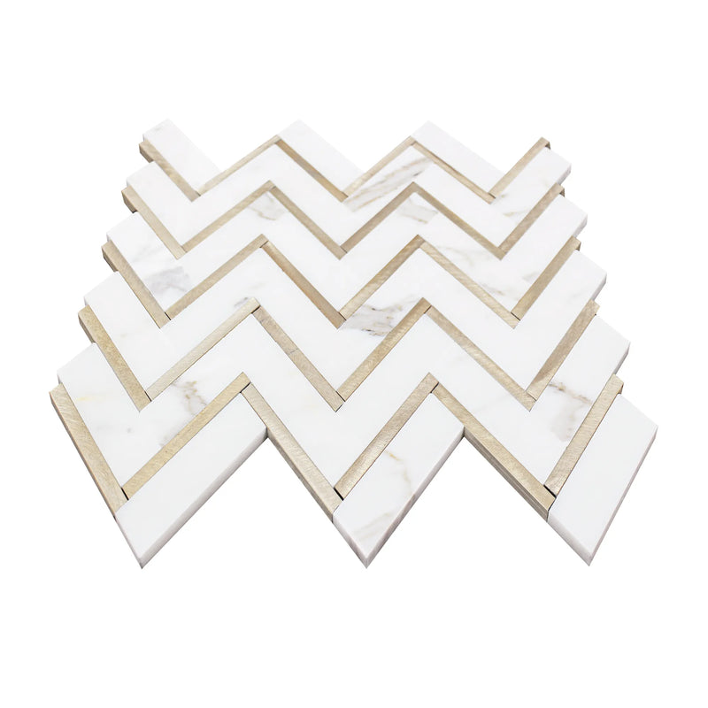 Zigzag Calacatta White with Gold Metal 13-in x 11-in Waterjet Mosaic Wall Tile ( 4.97 sq. ft. /Box )
