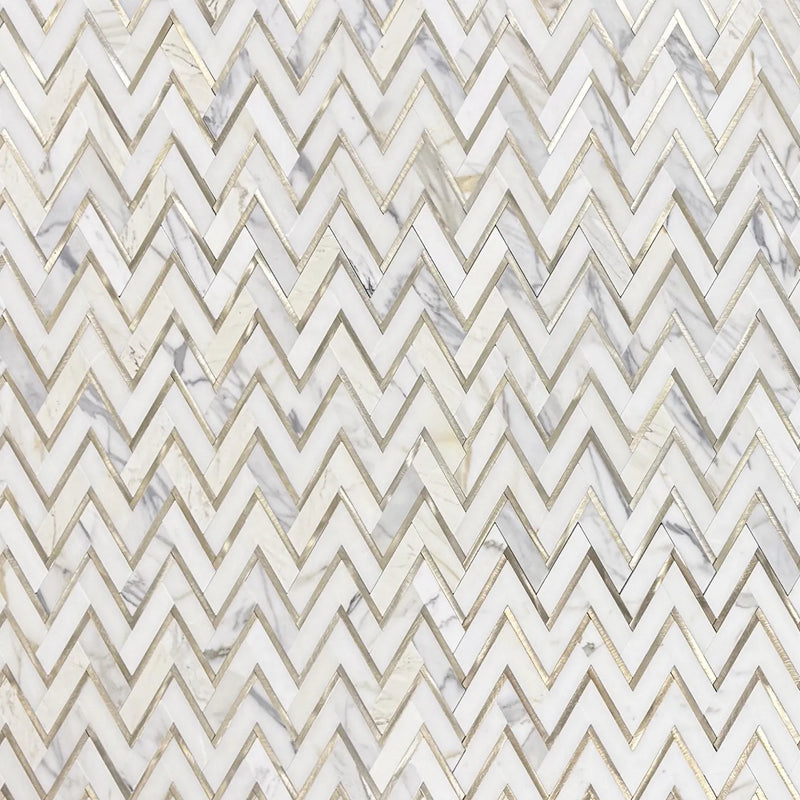 Zigzag Calacatta White with Gold Metal 13-in x 11-in Waterjet Mosaic Wall Tile ( 4.97 sq. ft. /Box )