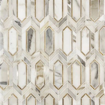 Calacatta Gold with Metal Elongated Hexagon 12-in x 14-in Waterjet Mosaic Wall Tile( 8.85 sq. ft. /Box )
