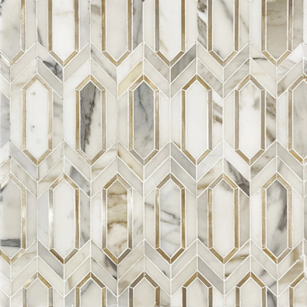 Calacatta Gold with Metal Elongated Hexagon 12-in x 14-in Waterjet Mosaic Wall Tile( 8.85 sq. ft. /Box )