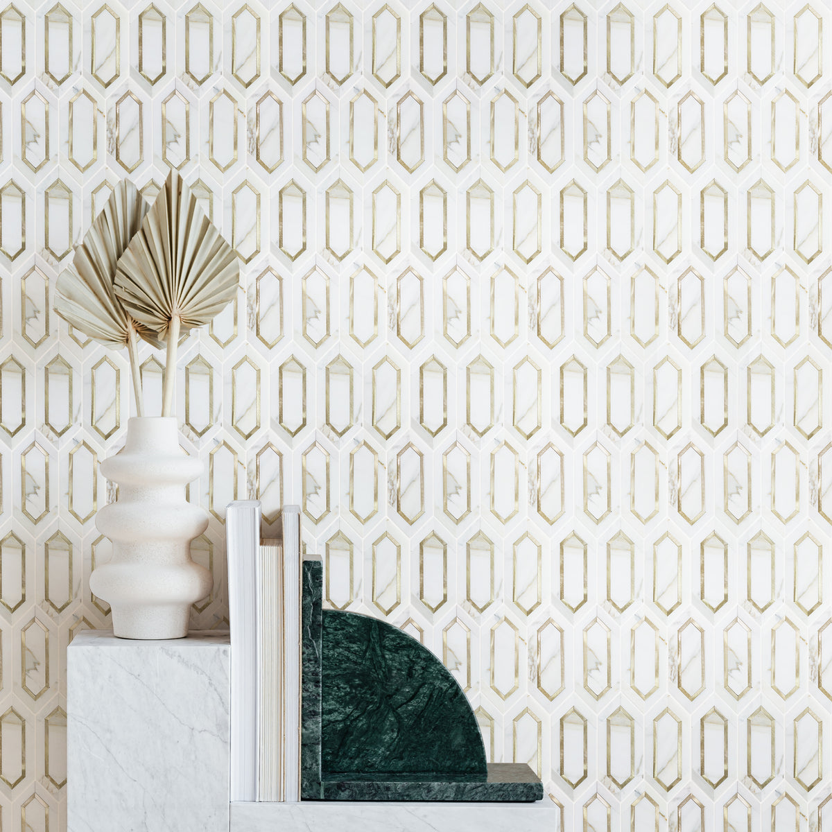 Calacatta Gold with Metal Elongated Hexagon 12-in x 14-in Waterjet Mosaic Wall Tile( 8.85 sq. ft. /Box )