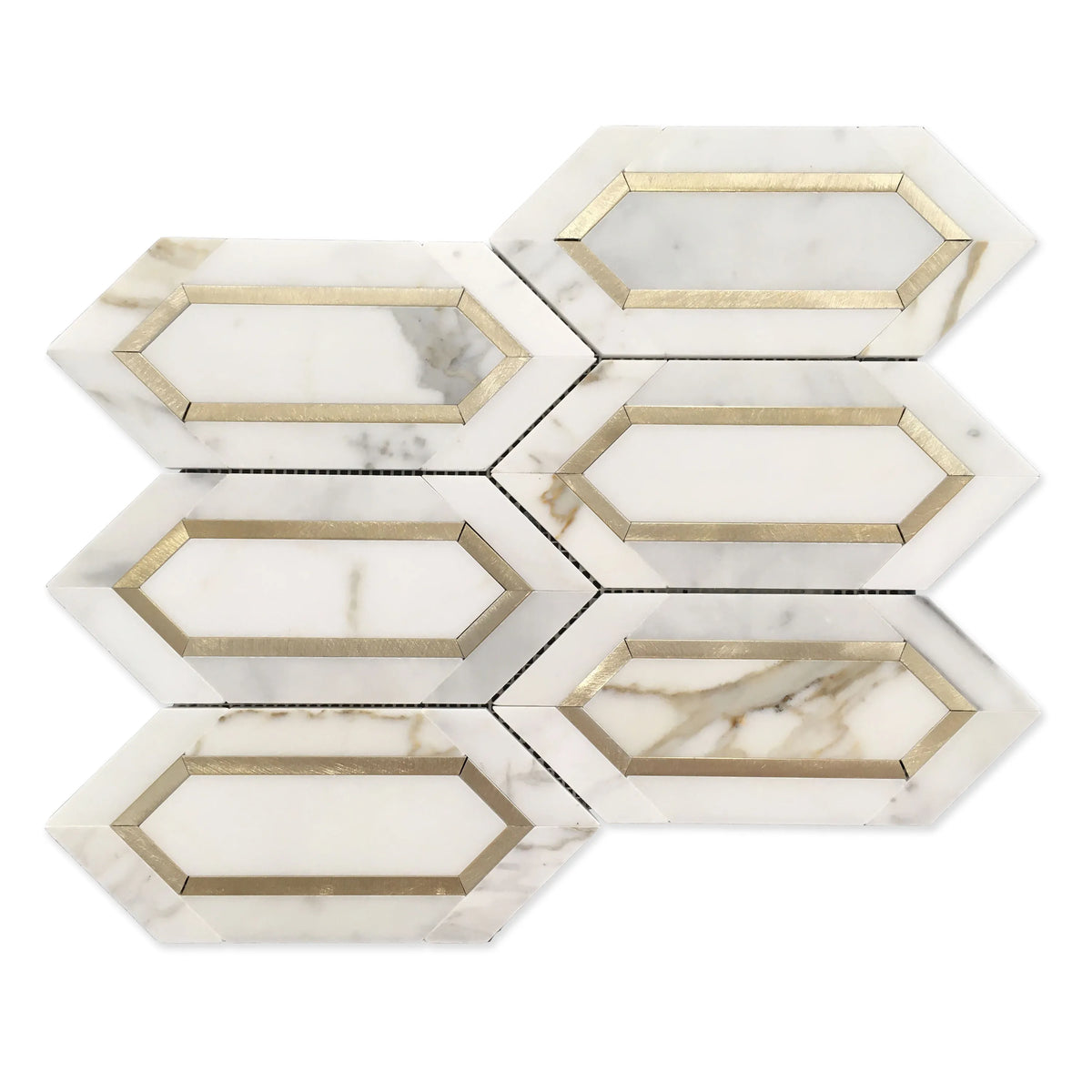 Calacatta Gold with Metal Elongated Hexagon 12-in x 14-in Waterjet Mosaic Wall Tile( 5.72 sq. ft. /Box )