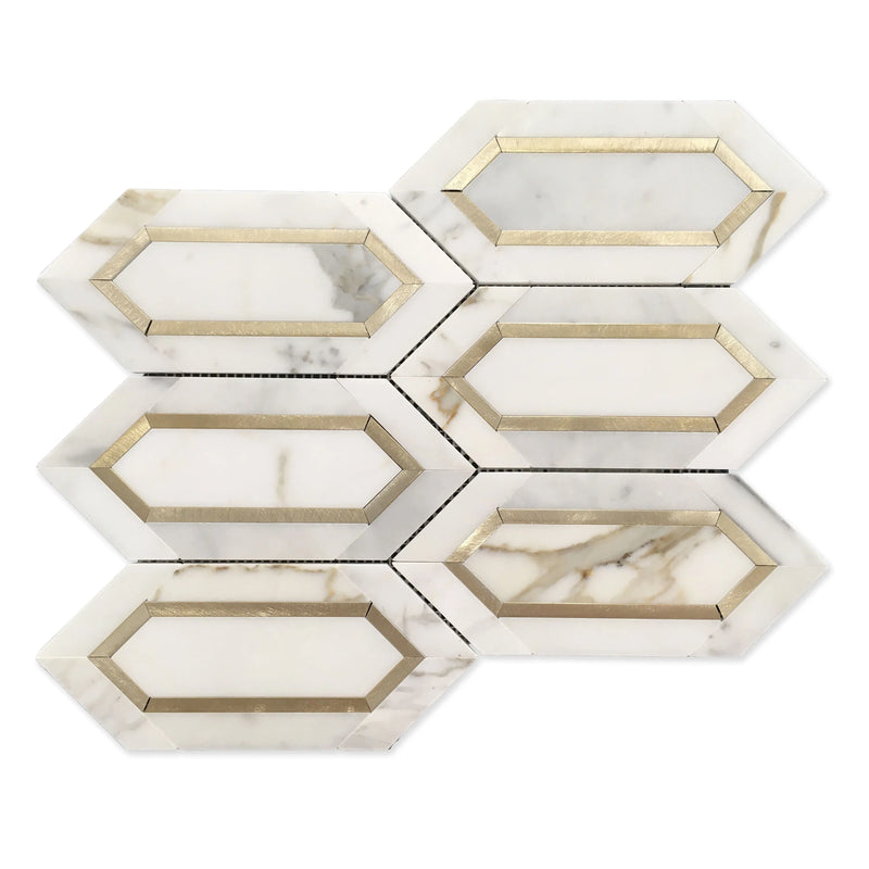 Calacatta Gold with Metal Elongated Hexagon 12-in x 14-in Waterjet Mosaic Wall Tile( 5.72 sq. ft. /Box )