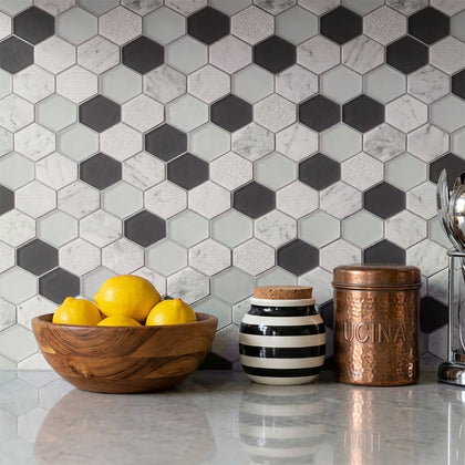 Anthracite Geo Hexagon Sequin Pattern 12-in x 13-in Marble with Glass Mosaic Wall Tile( 5.4 sq. ft. /Box )