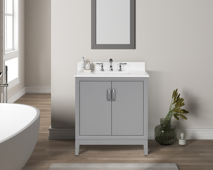 30 inch gray bathroom vanity with white quartz top in modern bathroom setting.
