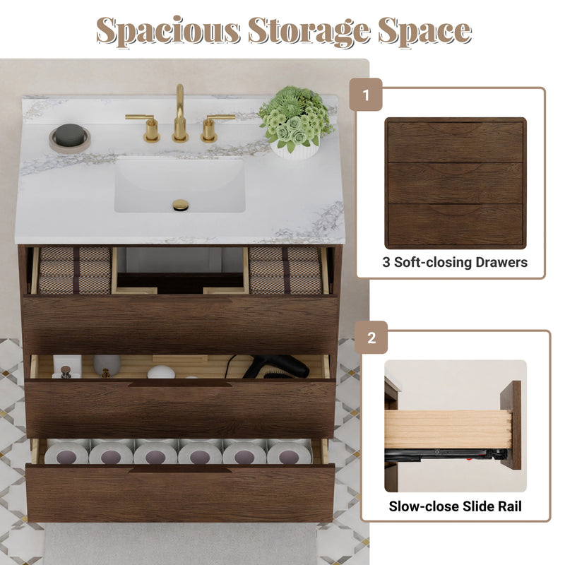 Edmond36" Vanity Set with thickness Laminted eased edge Calacatta Phoenix Quartz top  - Natural Teak