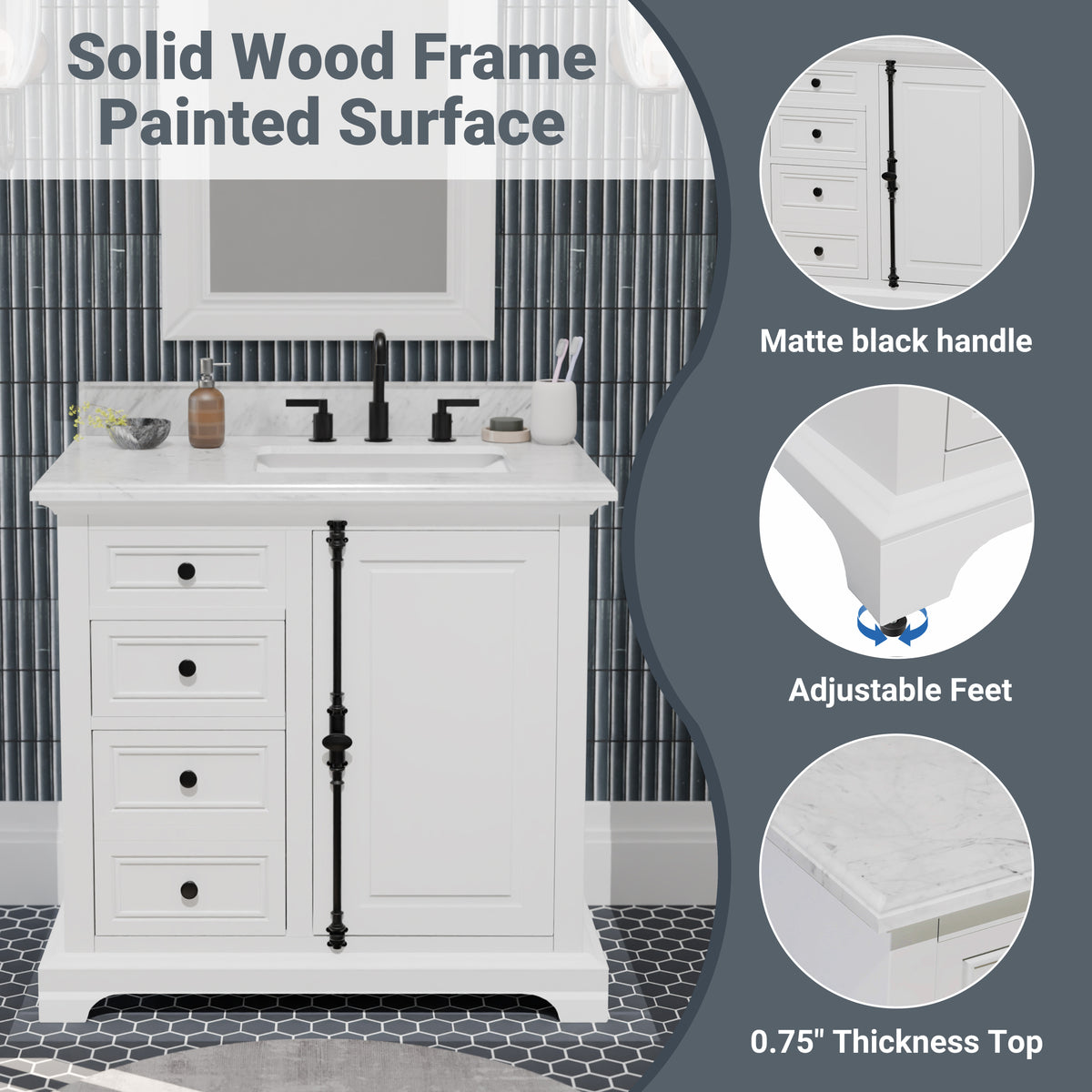 Icon 48" Single Vanity in White with Carrara Marble Top