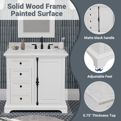 Icon 36" Vanity in White with Carrara Marble Top
