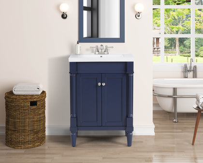 24 inch navy blue bathroom vanity with porcelain top in modern bathroom setting, featuring under-sink storage and mirror.