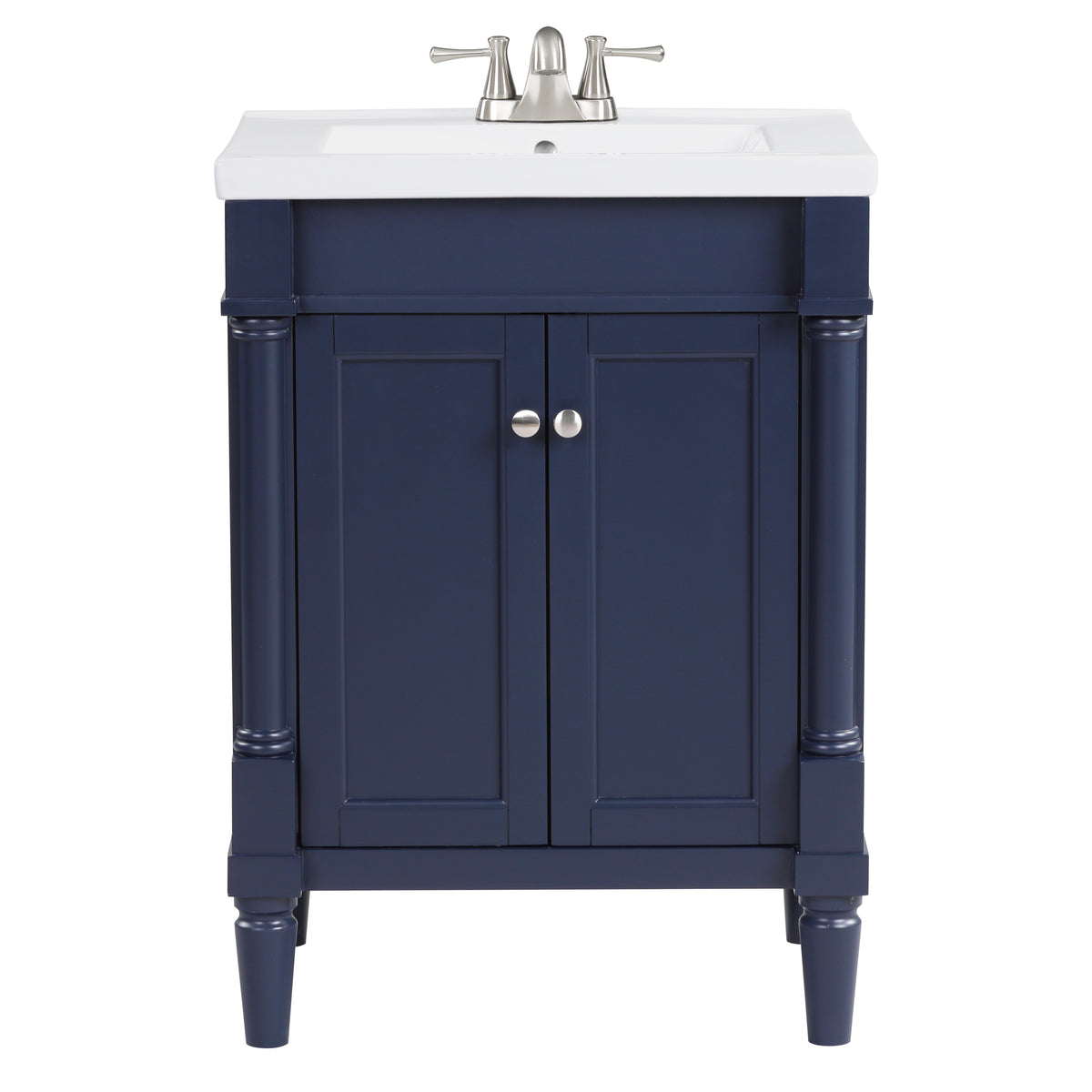 Navy blue bathroom vanity with white sink and two cabinet doors, ideal for compact spaces.