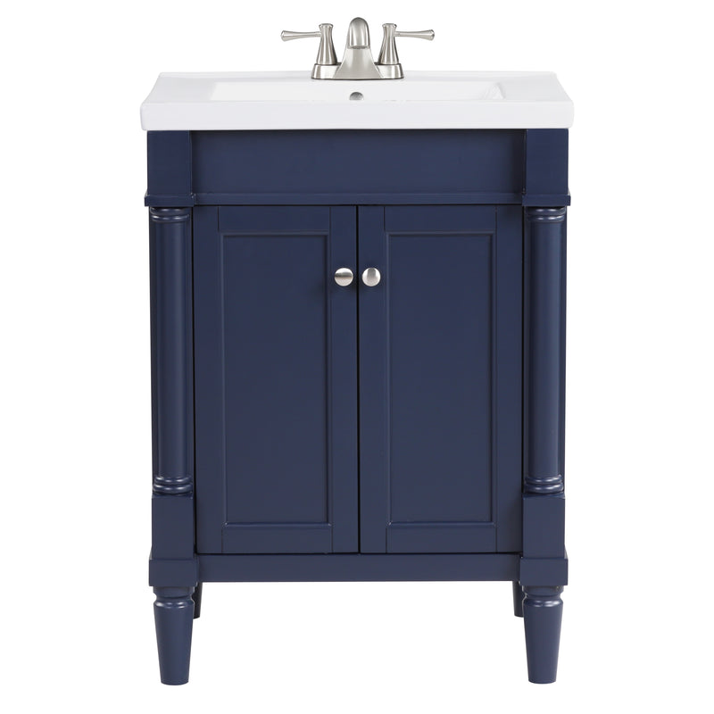 Navy blue bathroom vanity with white sink and two cabinet doors, ideal for compact spaces.