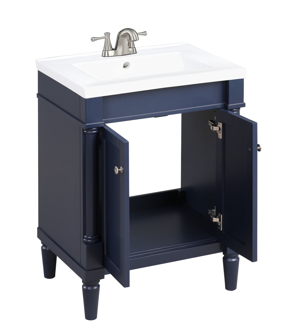Navy blue bathroom vanity with sink and open cabinets for storage, ideal for compact bathrooms.