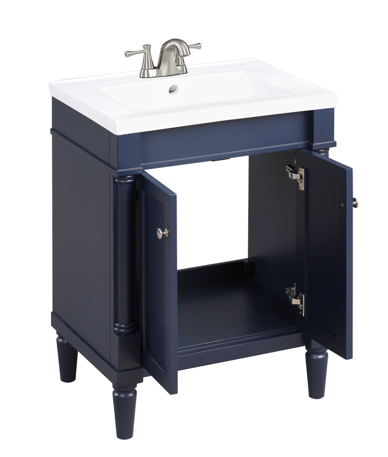 Navy blue bathroom vanity with sink and open cabinets for storage, ideal for compact bathrooms.