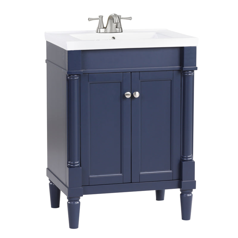 Navy blue bathroom vanity with white sink and double doors, ideal for compact spaces in sophisticated designs.