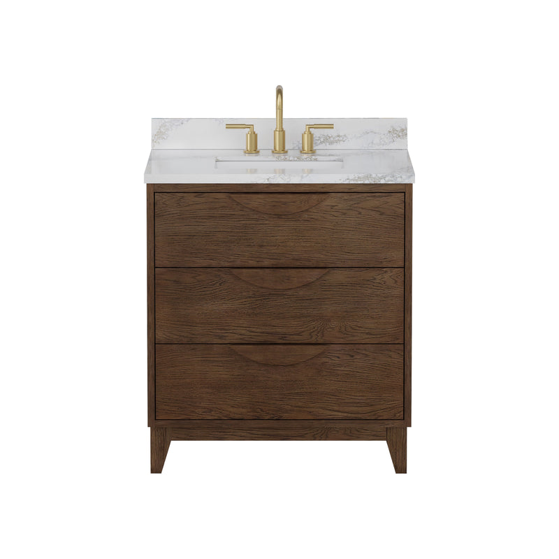 Edmond30" Vanity Set with thickness Laminted eased edge Calacatta Phoenix Quartz top  - Natural Teak