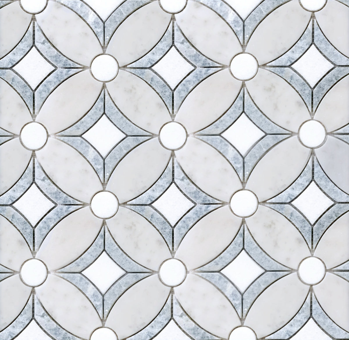  Display board of Carrara & Argentina Blue Waterjet Mosaic Tile – showroom sample featuring white, gray, and blue marble pattern
