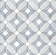  Display board of Carrara & Argentina Blue Waterjet Mosaic Tile – showroom sample featuring white, gray, and blue marble pattern