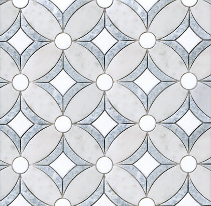  Display board of Carrara & Argentina Blue Waterjet Mosaic Tile – showroom sample featuring white, gray, and blue marble pattern