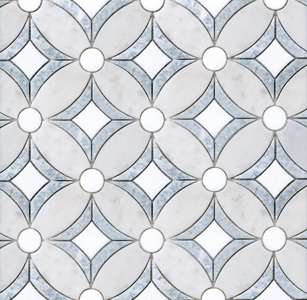  Display board of Carrara & Argentina Blue Waterjet Mosaic Tile – showroom sample featuring white, gray, and blue marble pattern