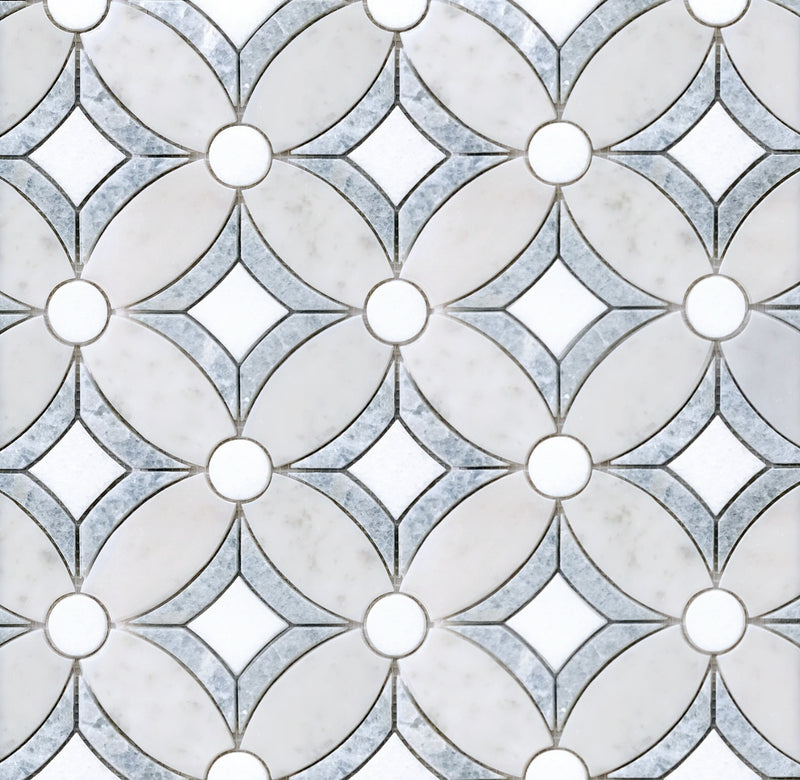  Display board of Carrara & Argentina Blue Waterjet Mosaic Tile – showroom sample featuring white, gray, and blue marble pattern