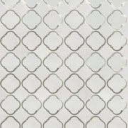 Sample board of Thassos & Patterned Metal Trim Waterjet Mosaic Tile – elegant showroom presentation of marble and metal combination