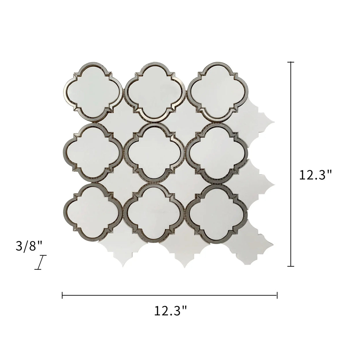 Size diagram of Thassos & Patterned Metal Waterjet Mosaic Tile – 12.3x12.3 inch layout, labeled for floor and wall use