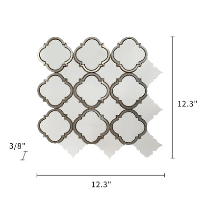 Size diagram of Thassos & Patterned Metal Waterjet Mosaic Tile – 12.3x12.3 inch layout, labeled for floor and wall use