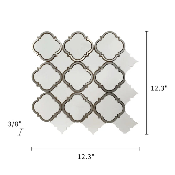 Size diagram of Thassos & Patterned Metal Waterjet Mosaic Tile – 12.3x12.3 inch layout, labeled for floor and wall use