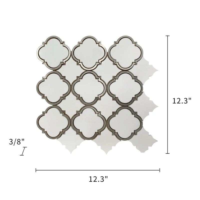 Size diagram of Thassos & Patterned Metal Waterjet Mosaic Tile – 12.3x12.3 inch layout, labeled for floor and wall use