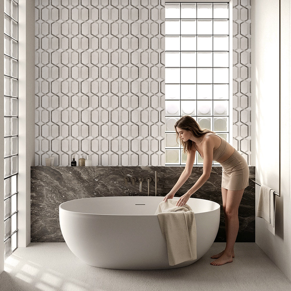 Thassos & Wooden & Athens Gray 12-in x 12-in Polished Waterjet Mosaic Floor and Wall Tile( 5 sq. ft. /Box )