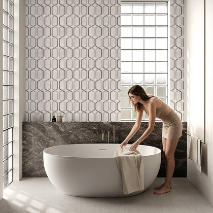 Thassos & Wooden & Athens Gray 12-in x 12-in Polished Waterjet Mosaic Floor and Wall Tile( 5 sq. ft. /Box )