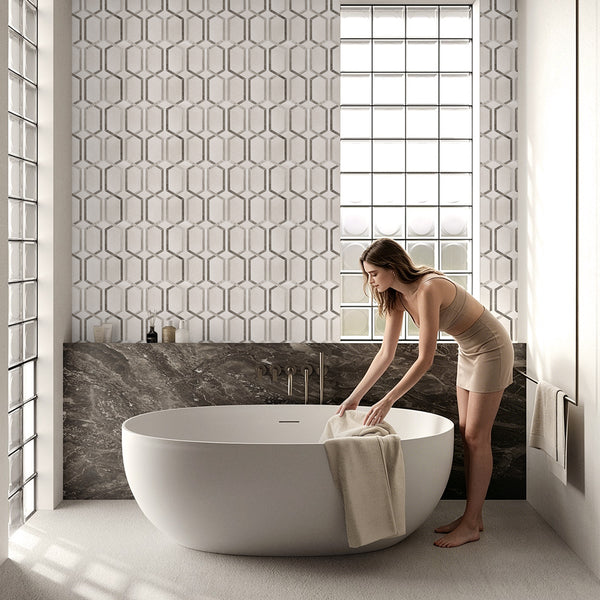 Thassos & Wooden & Athens Gray 12-in x 12-in Polished Waterjet Mosaic Floor and Wall Tile( 5 sq. ft. /Box )