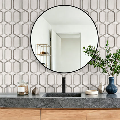 Thassos & Wooden & Athens Gray 12-in x 12-in Polished Waterjet Mosaic Floor and Wall Tile( 5 sq. ft. /Box )