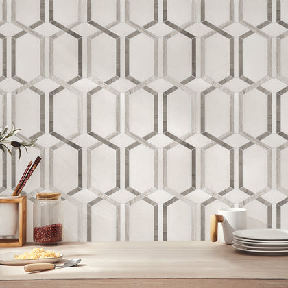 Thassos & Wooden & Athens Gray 12-in x 12-in Polished Waterjet Mosaic Floor and Wall Tile( 5 sq. ft. /Box )
